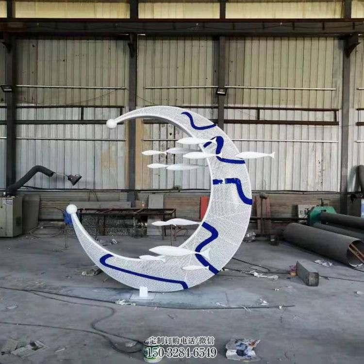 月亮雕塑，青花瓷文化雕塑，不銹鋼材質(zhì)制作